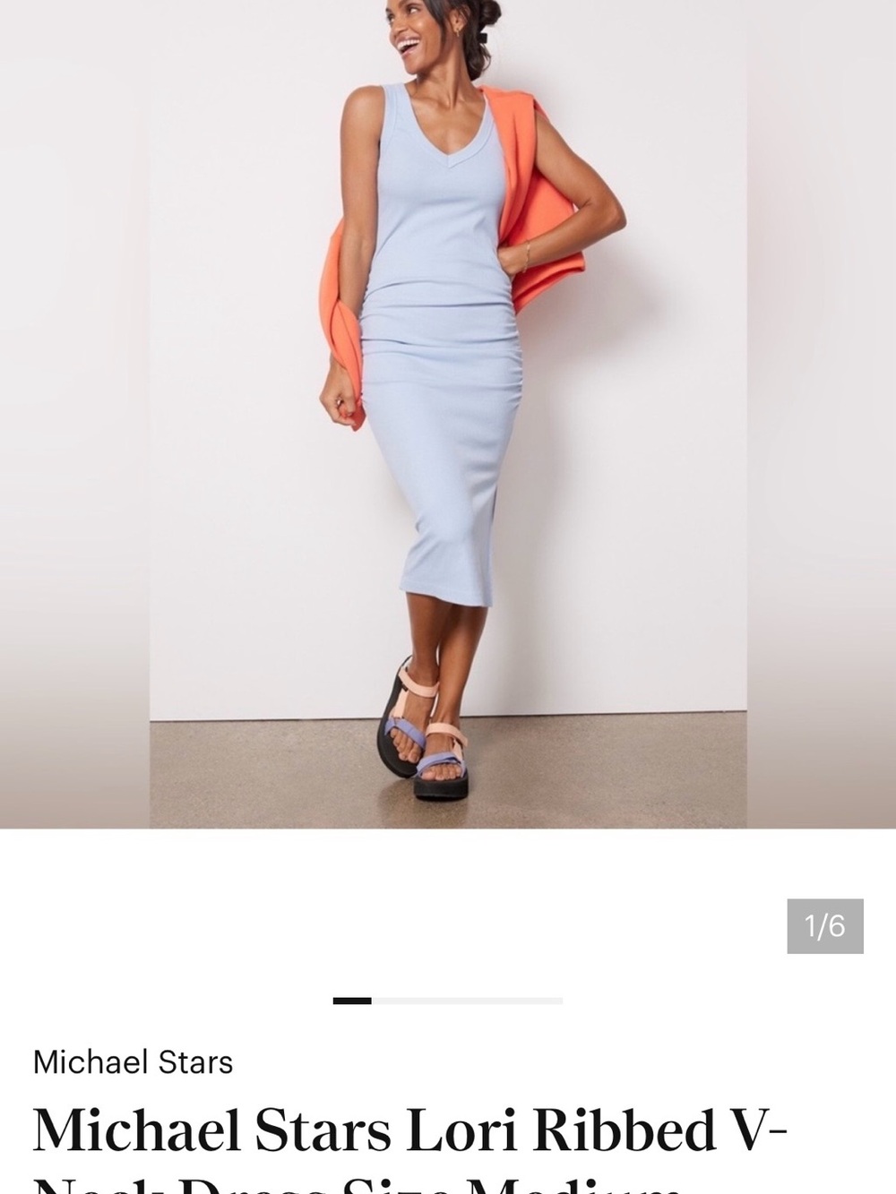 Michael Stars Light Blue Ribbed V-Neck Midi Dress with Coral Layer